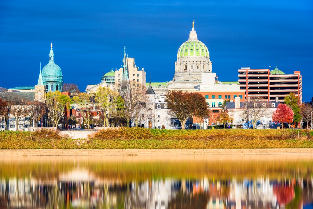 Harrisburg, Pennsylvania skyline along the river
