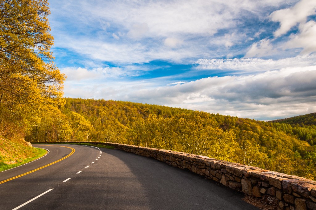 Scenic Skyline Drive view in Shenandoah with winding mountain road