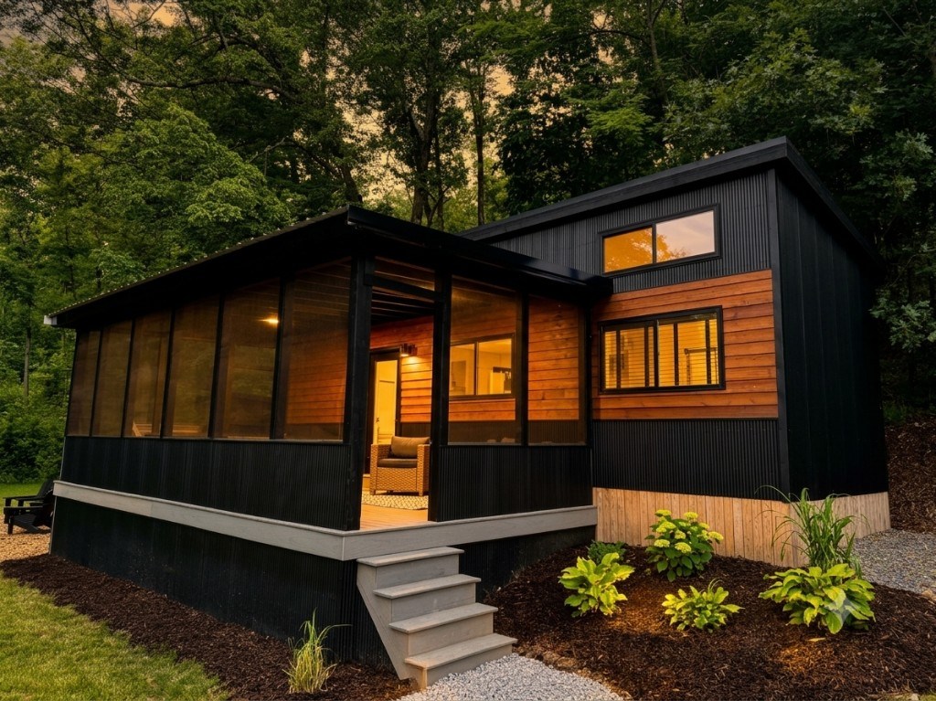 Anchor Twenty Eight exterior at dusk with black metal siding, wood accents, and a screened porch